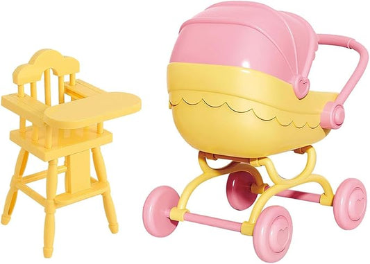 Mini Dollhouse Furniture Set, Baby Stroller and High Chair, Pink and Yellow Miniature Accessories, Kids Pretend Play Toys