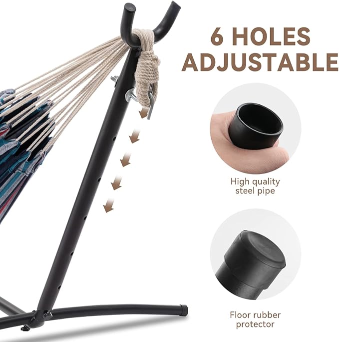 PNAEUT Double Hammocks with Stand for Outside, Portable Space Saving Heavy-Duty Steel Stand for Indoor Outdoor Patio with Carrying Bag, 450 lbs Capacity (Denim)