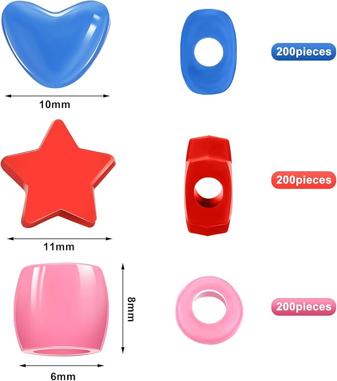 600 Pieces Pony Star Beads Crafts Bulk Hearts Star Colorful Acrylic Beads Large Hole for Bracelet Kawaii Rainbow Necklace Jewelry Crafts Making Valentine Party Favor DIY