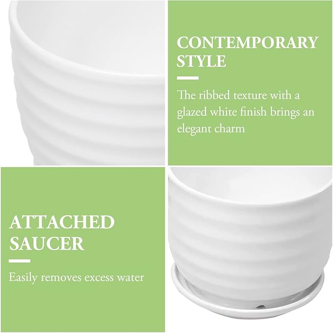 MyGift Modern Ribbed White Ceramic Indoor Plant Pot with Drainage Hole and Attached Saucer, Small Succulent Planter, Set of 3