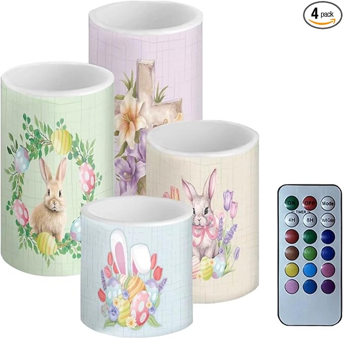Flameless LED Battery Candles Waterproof Pillar Candles Tealights with 18-Key Timer Remote Colorful Lights for Indoor Outdoor Party Home Easter Decorations, Easter Bunny Egg Floral Retro