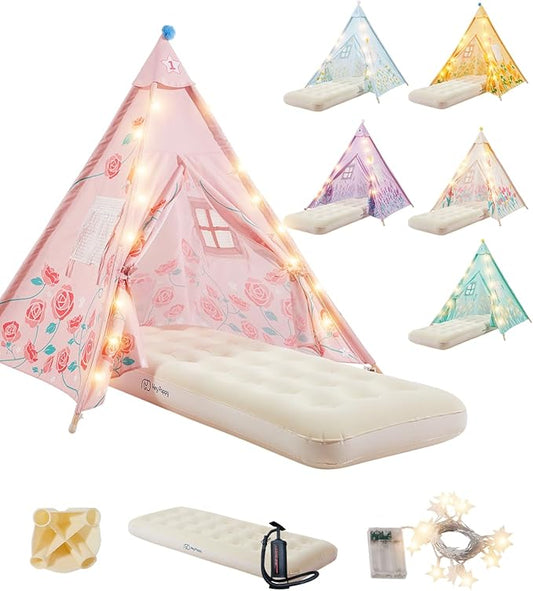 6 Pack Teepee Tent for Kids with Inflatable Airbed, Light, Toddler Tent Children Room Tents, Slumber Party Sleepover Tents, Indoor Outdoor Kids Playtent Playhouse for Girls & Boys