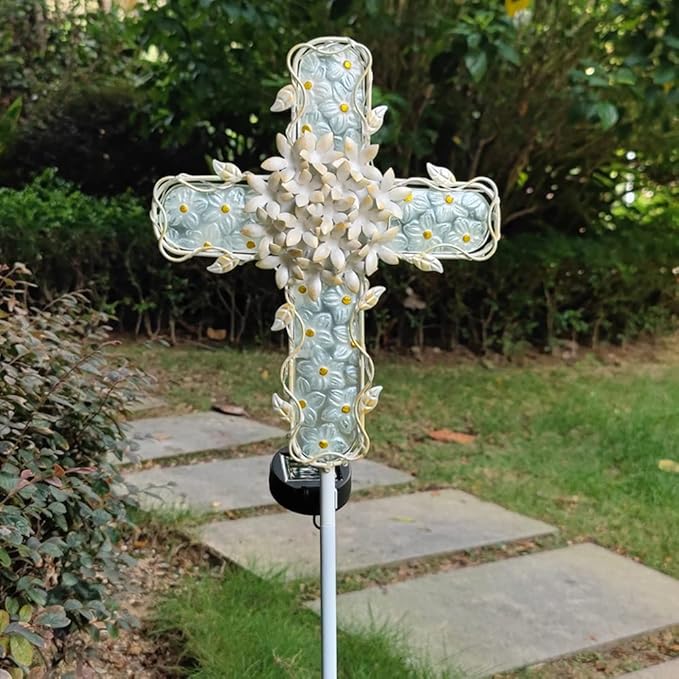 38Inch Solar Cross Garden Lights Outdoor Decorative - Solar Metal&Glass Cross White Hydrangea Flower Stake Lights- Waterproof 20 Warm White LED for Remembrance Gifts & Sympathy Gifts.