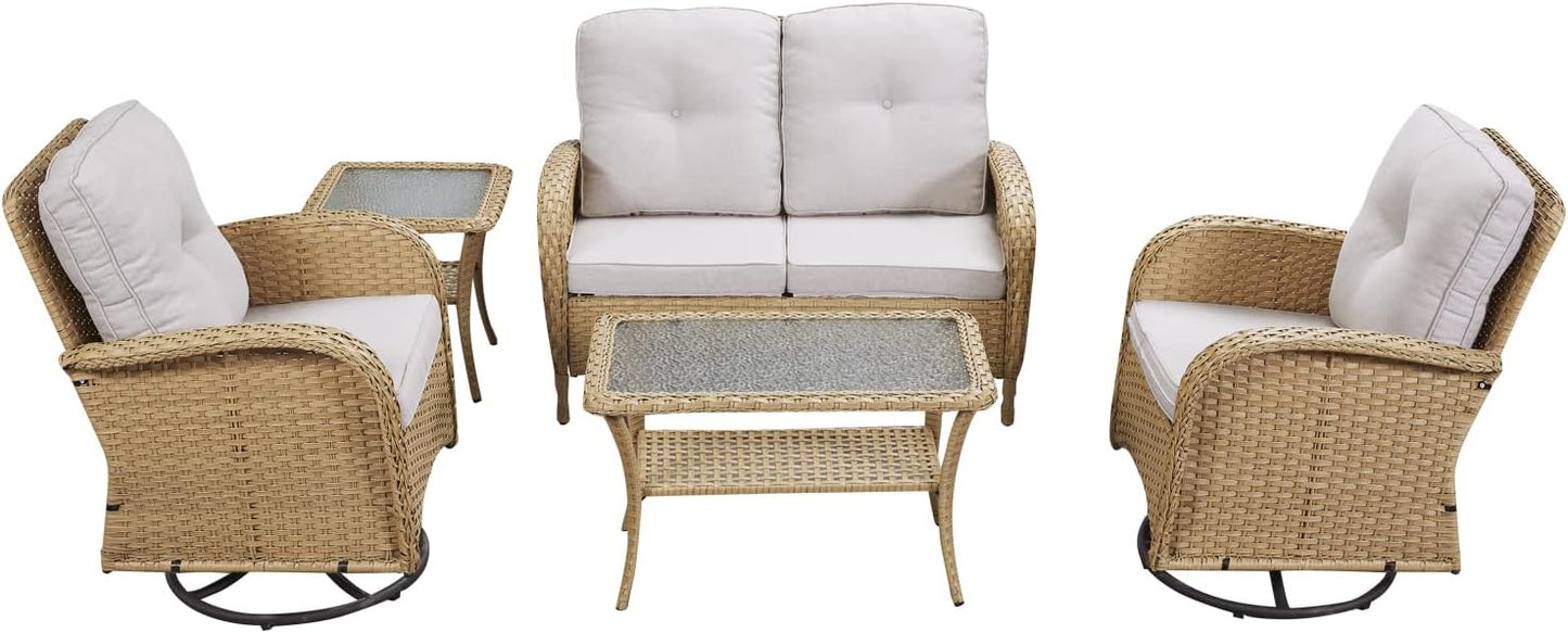 HUMMUH 5-Piece Patio Furniture Wicker Outdoor Conversation Set,All-Weather Rattan Swivel Chairs Bistro Set with Loveseat Coffee Table for Backyard,Poolside,Deck (Yellow/Beige)