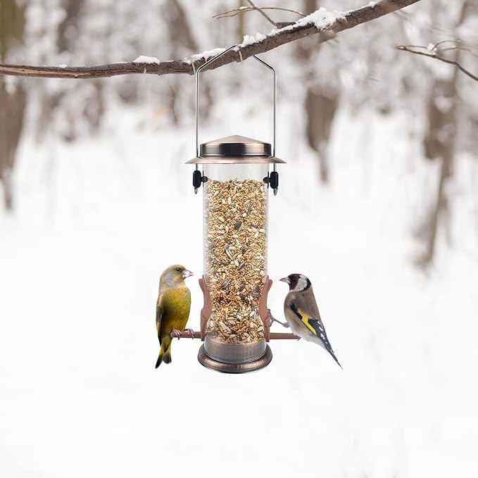 MIXXIDEA Wild Bird Feeders for Outdoors Hanging 2 Pack Stainless Steel Tube Bird Feeder, Water Resistant Finch Bird Feeder for Garden Backyard Decoration Attractive Metal Thistle Feeder (Copper)