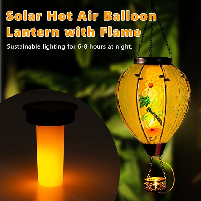 Starsoul Large Solar Hot Air Balloon Lantern with Flame Dragonfly Glass Hanging Outdoor Hot Air Balloon Solar Light Waterproof Garden Patio Yard Party Decorations