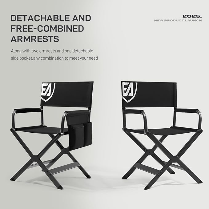 EVER ADVANCED Aluminum Lightweight Directors Chair Foldable, Folding Studio Movie Chairs Camping Event Vendor Chair, 19" Seat Height Black Fabric/Grey Frame, Support 350lbs