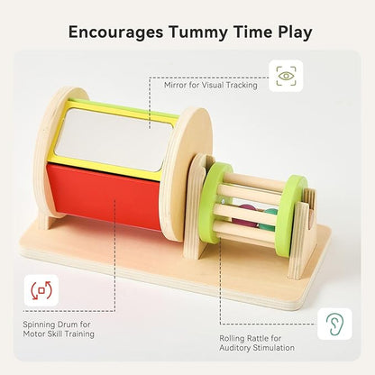 2-in-1 Montessori Baby Toys | Wooden Spinning Drum & Rolling Rattle Combo for 3 6 12 Months | Sensory Development Toys with Mirror, Bells & Tummy Time Play | ASTM Certified Gift (Girl/Boy)
