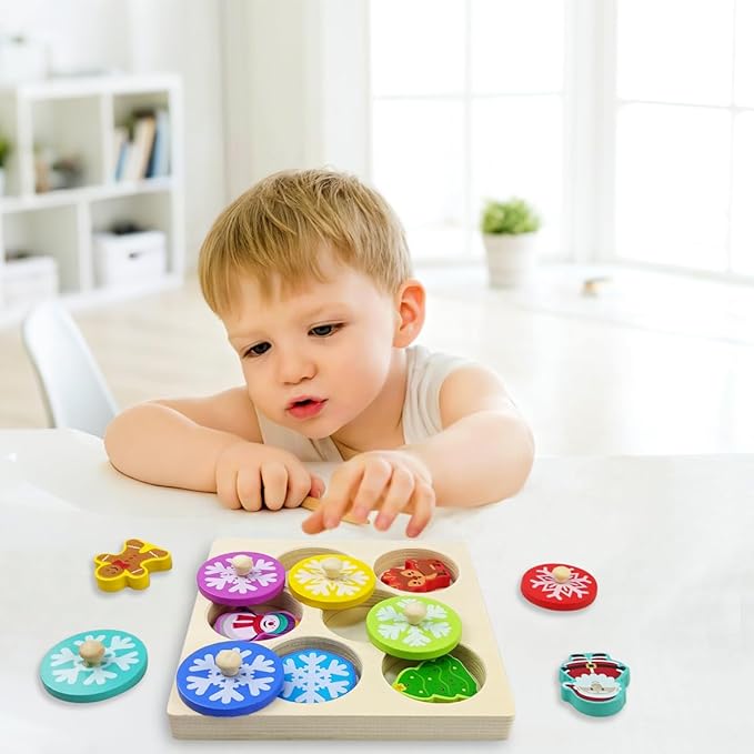 Pinkiwine Christmas Wooden Peg Puzzles Montessori Educational Toys for Kids Toddlers Christmas Toys Christmas Stocking Stuffers Gifts