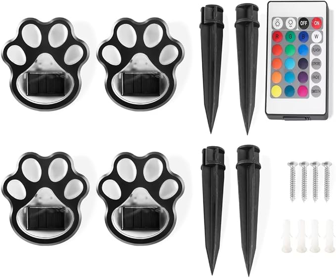 Set of 4 Wireless Solar Dog Paw Print Lights, 5.1" LED Garden Lanterns, Waterproof Outdoor Animal Pet Decor for Garden, Pathway, Yard & Patio, Multicolor Changing Lights