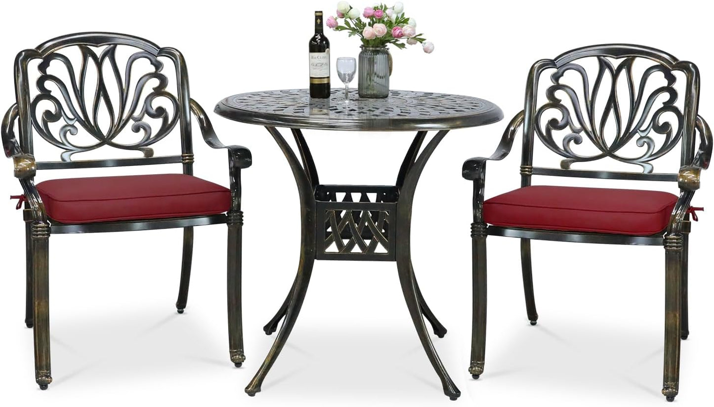 VIVIJASON 3-Piece Patio Bistro Set, All-Weather Cast Aluminum Outdoor Furniture Dining Set, Include 2 Cushioned Chairs and 31" Round Table w/Umbrella Hole for Balcony, Lawn, Backyard, Red Cushion