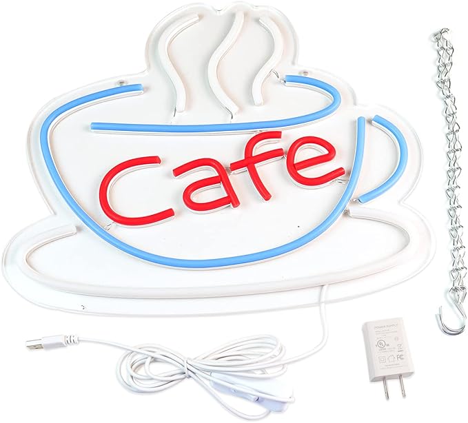 Cafe Neon Sign for Coffee Bar Pub Decor,Blue Wall Art Decoration For Restaurant Living room,Led Light of Cafe,USB Power Supply With Metal Chain.