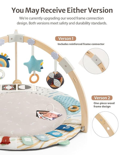 Blissful Diary Baby Play Gym & Activity Mat, 5 Developmental Zones Wooden Tummy Time Mat with 5 Detachable Sensory Toys for Motor Skills & Sensory Development, Baby Essentials Shower Gift