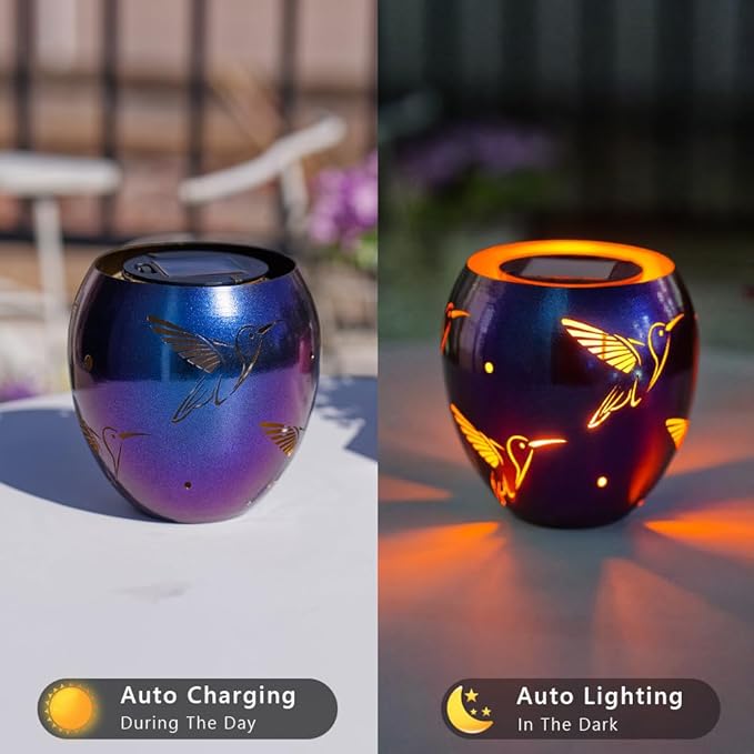 VEWOGARDEN Solar Lanterns Outdoor Waterproof Hummingbird Hollowed-Out Metal Lantern Solar Lights with Flickering Flame for Patio Porch Table, Purple