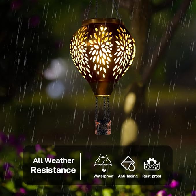 Hot Air Balloon Solar Lantern, Flower Hollow Out Solar Powered Hot Air Balloon Lantern Outdoor Waterproof, Metal Hanging Hots Airs Balloons Solars Light for Outdoor Patio Garden Decor