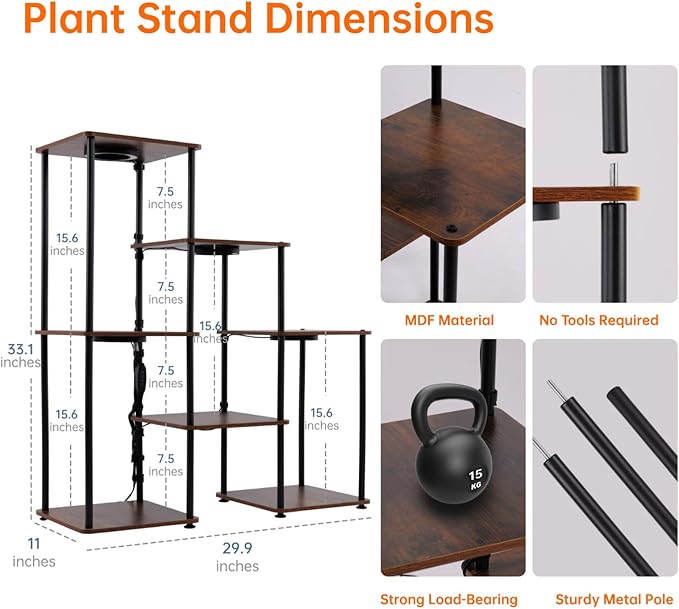 Plant Stand Indoor with Grow Light, 33" High Indoor Plant Shelf, 7 Tier Flower Stand with Plant Light Full Spectrum, Metal Plant Holder with Light, laddered Plant Rack for Home, Corner