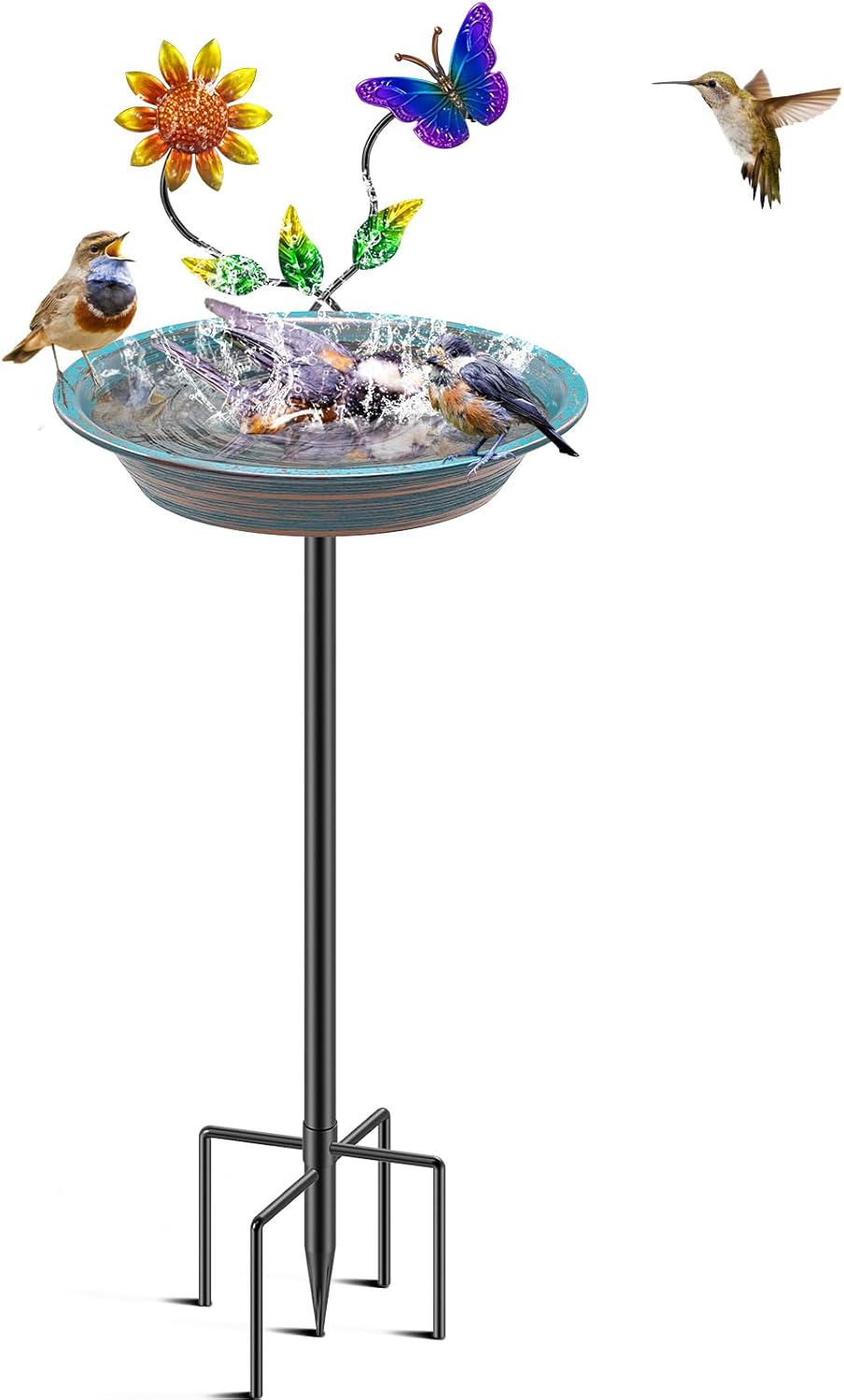 Bird Bath for Outside, Metal Birdbath Bowl Decorated Metal with 5 Prong Base Stand Outdoor Bird Baths Bird Feeder Garden Decor Yard Art (A-Blue)