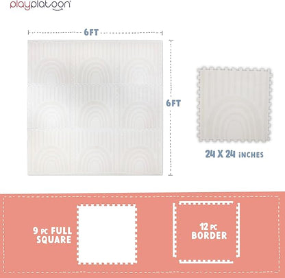 Play Platoon Non-Toxic Large Kids Play Mats for Floors, 9 Tile 72 x 72 inch - Extra-Thick Interlocking Comfortable Cushiony 24 x 24 in. Puzzle Mat with Border, Neutral Playmat Rug for Toddlers