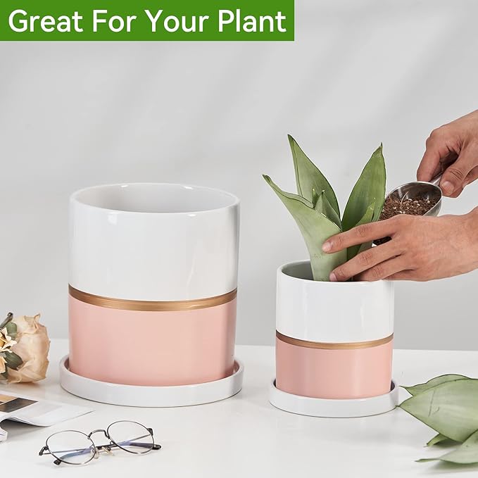 Ekirlin 8 inch Plant Pot - Ceramic Flower Planters Indoor - Modern Succulents Containers with Drain Hole Saucer, Decorate Home, Office & Outdoor (Pink)