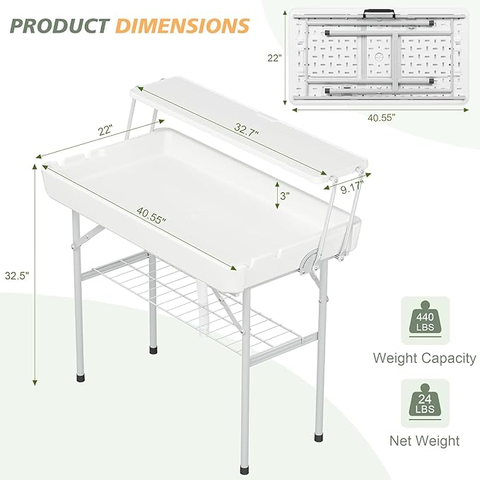 Outdoor Ice Cooler Folding Table with Extra Storage Shelf,Ice Tables for Parties with Drain,Cooler Server for Camping, Picnic, Wedding, BBQ, White