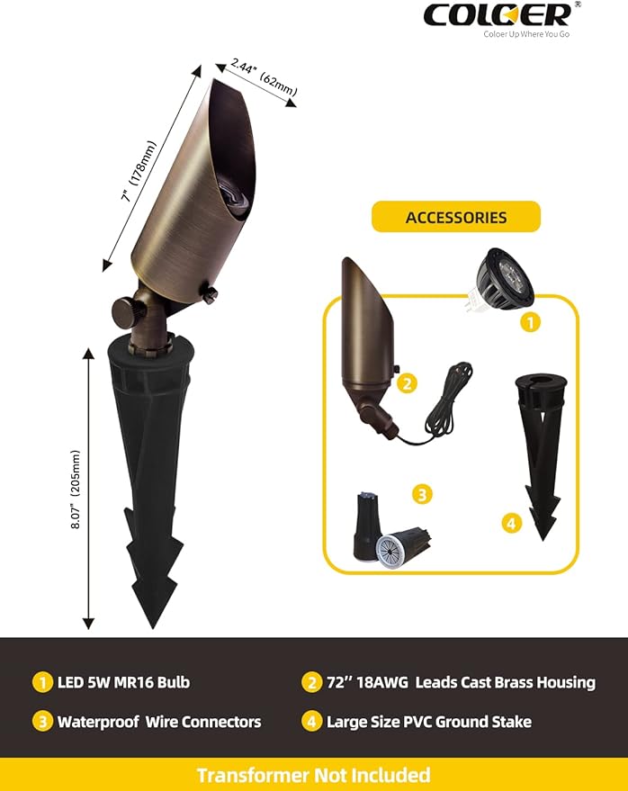 COLOER Die-cast Brass Landscape Spot Lights Outdoor with 5W Aluminum Housing LED MR16 Bulb 2700K 450LM, 12V AC/DC Low Voltage LED Landscape Lighting, Outdoor Directional Up Light(103B, 1-Pack)