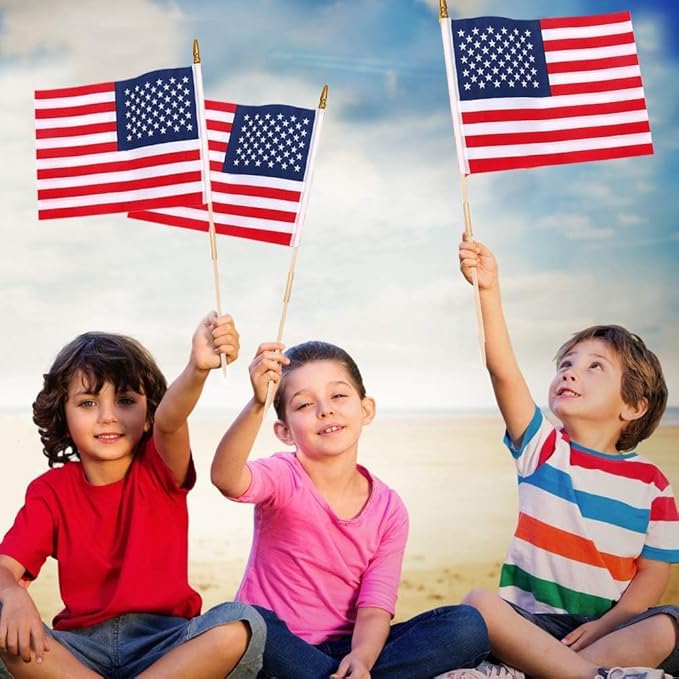Pack of 50 American Flags with wood Stick, 12x18 Inch US Flags/American Hand Held Stick Flags with Kid-Safe Spear Top, Perfect for Patriotic Decorations, Parades, Veteran Party
