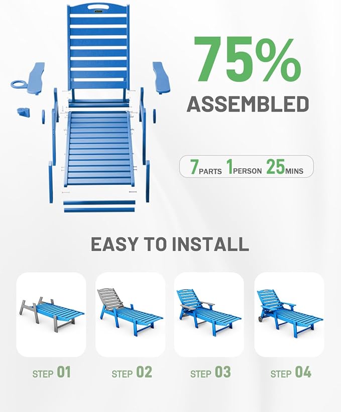 Lounge Chair Outdoor Set of 2, HDPE Chaise Lounge Chair Outdoor with 6-Position & Wheels &Cup Holder, Pool Lounge Chair for Pool Poolside Deck Backyard Patio, Navy Blue