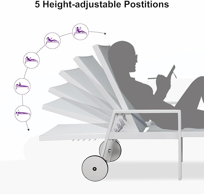 PURPLE LEAF Outdoor Lounge Chairs Set of 4 White Aluminum Chaise Lounge Chair Outdoor with Wheels and Armrest for Patio Deck Pool Side Table Include, Bluish-Gray