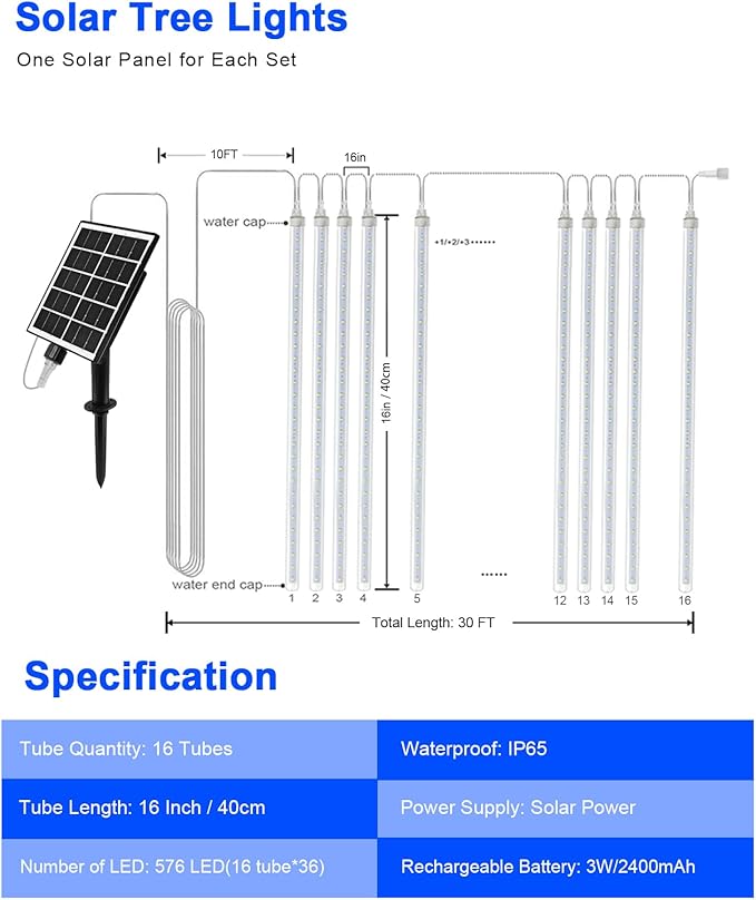 Solar Christmas Lights Outdoor Meteor Shower Lights Christmas Tree Lights Icicle light Snow Falling Rain String Lights Cascading LED Lights for Halloween Xmas Holiday Party Home Patio Mall Decor