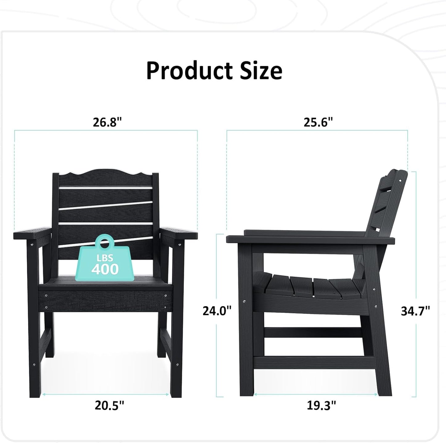 Patio Chairs Set of 2, Weatherproof HIPS Outdoor Dining Chair with Ergonomics Wide Seat, 400lbs Capacity Outdoor Chairs for Garden, Porch, Lawn & Backyard, Black