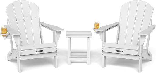 MUCHENGHY Folding Adirondack Chairs, Patio Chairs, Lawn Chairs, Outdoor Chair, Adirondack Chair Plastic, Fire Pit, Weather Resistant with Cup Holder for Deck, Backyard, Garden(White, 3-Piece)