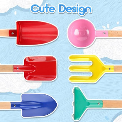 Children Beach Sand Toys, 6 PCS 8'' Wooden Handle Gardening Tools, Kids Gardening Set, Cylinder, Spoon, Fork, Rake, Flat Shovel & Pointed Shovel