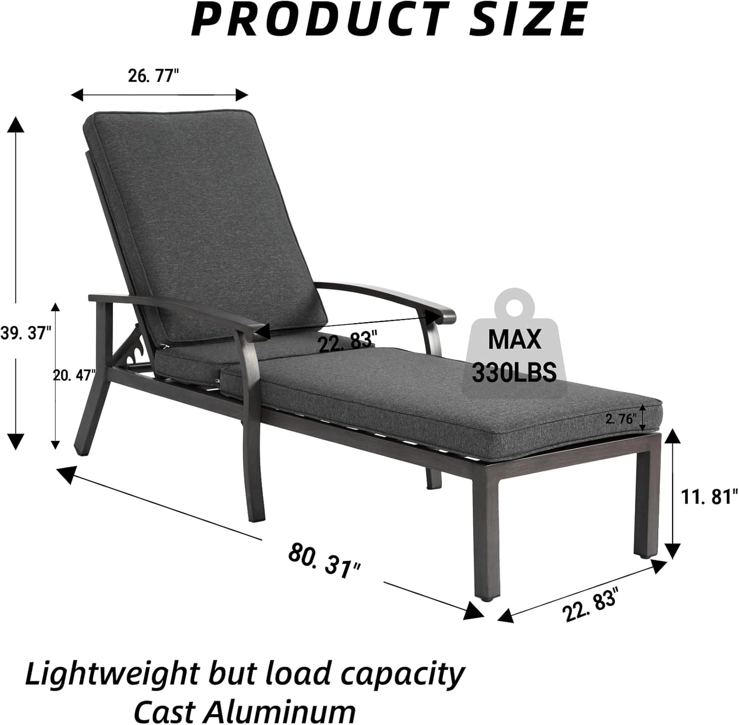 Outdoor Chaise Lounge with 5-Level Adjustable Backrest, Durable Aluminum Patio Chair with Waterproof Cushion & Wheels for Garden, Poolside, Grey