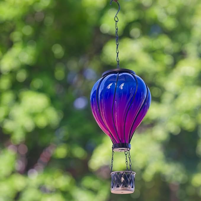 Starsoul Glass Hot Air Balloon Solar Lantern with Flickering Flame Light Blue & Purple Solar Powered Hot Air Balloon Lamp Waterproof Hanging Solar Lantern for Garden Yard Patio Porch Decor