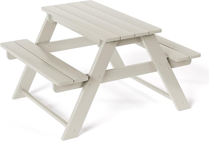 Costaelm Kids Picnic Table, HDPE All Weather Outdoor Toddler Picnic Table and Chair Set Kids Bench for Patio, Backyard, Garden, Lawn, Sand