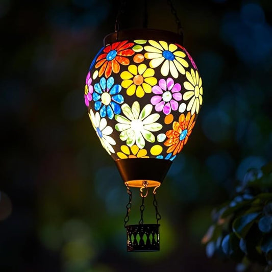 Starsoul Mosaic Flowers Hot Air Balloon Solar Lantern Glass Outdoor Hanging Hot Air Balloon Solar Flickering Flame Light Waterproof Garden Patio Yard Party Decorations