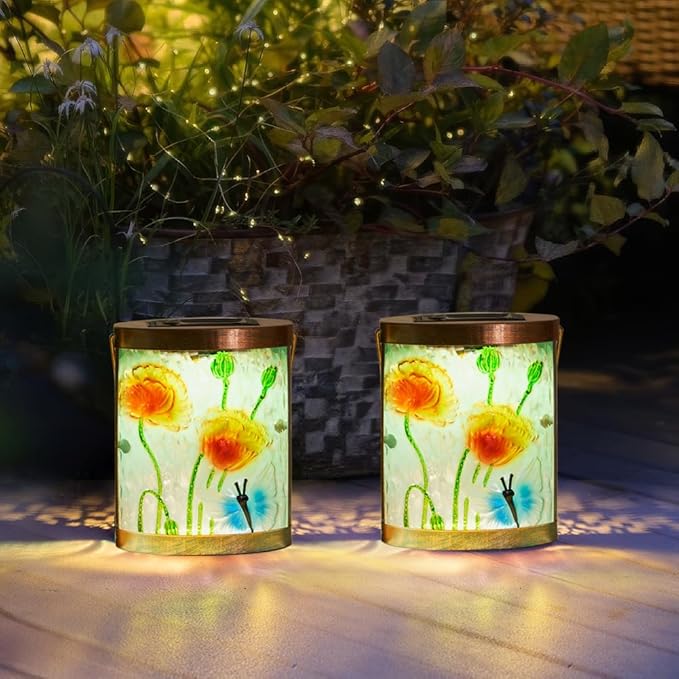 Starsoul 2 Pack Hanging Solar Lantern Outdoor Waterproof Glass Butterfly and Flowers Decorative Solar Lights for Outside Garden Yard Table Patio Decor