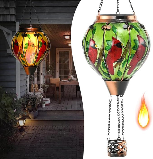 Hot Air Balloon Solar Lantern - Cardinal Bird Glass Lantern with Simulated Flickering Flame, Outdoor Hanging Yard Light Waterproof IP65 & Weather Resistant for Garden Patio Lawn Porch Decor Gfit
