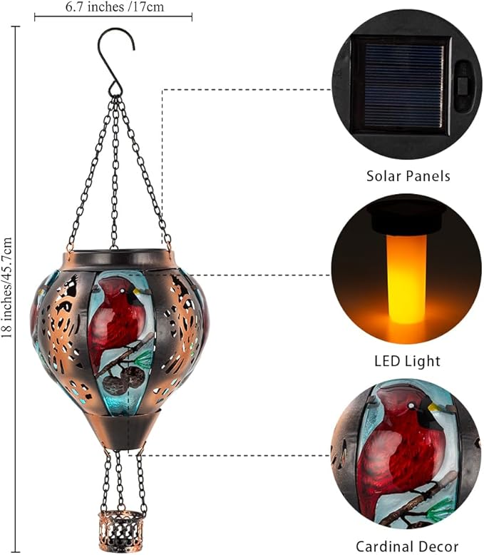 Cardinal Solar Hanging Lanterns Hot Air Balloon, Solar Outdoor Lanterns with Flame Decor for Garden Yard Patio, Cardinal Solar Lights Birthday Gift for Mom