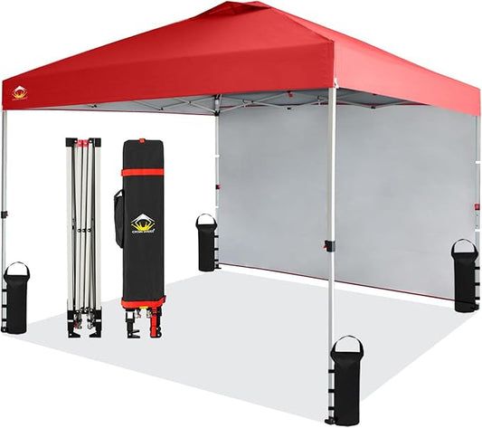 CROWN SHADES 10x10 Pop Up Canopy with 1 Side Wall - Beach Tent with One Push Setup - Outdoor Sun Shade for Events, Parties, Camping - Gazebo with STO-N-Go Cover Bag (Red)