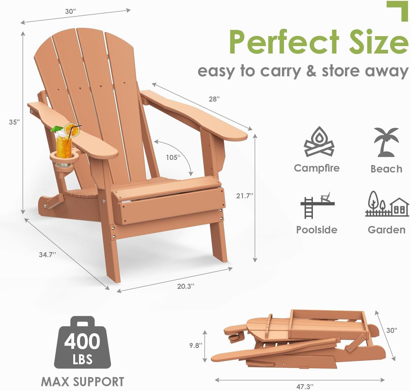 GREENVINES Folding-Adirondack-Chair | HDPE Plastic | Fire Pit Chairs | All Weather | Cup Holder | Teak | for Deck Backyard Patio Outdoor Garden