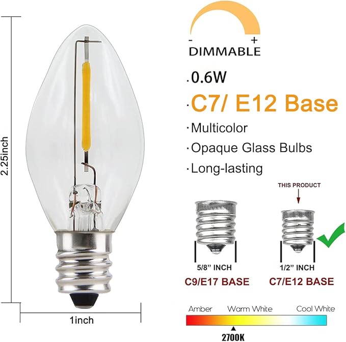 C7 Clear LED Christmas Lights, C7 Clear Christmas String Lights with 27 Clear LED Bulbs (Plus 2 Extra Bulbs) for Christmas Holiday Season Party Indoor&Outdoor Patio Backyard Decoration (25Ft, Clear)