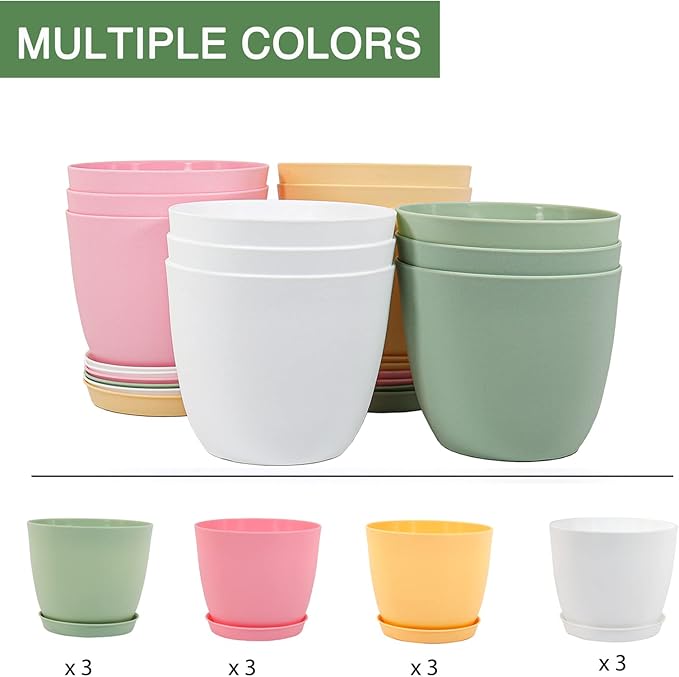 6 Inch Plant Pots, 12 Pack Plastic Planters Modern Flower Pot with Drainage Holes and Saucers for All House Plants, Herbs, Flowers and Seeding Nursery, Colorful