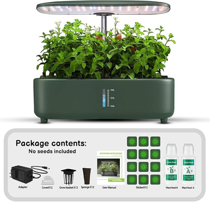 Hydroponics Growing System Kit 12Pods, Birthday Gifts for Mom Women, Herb Garden Indoor with LED Grow Light for Home, Adjustable Height Up to 17", 12Pods,Auto-Timer (Dark Green)