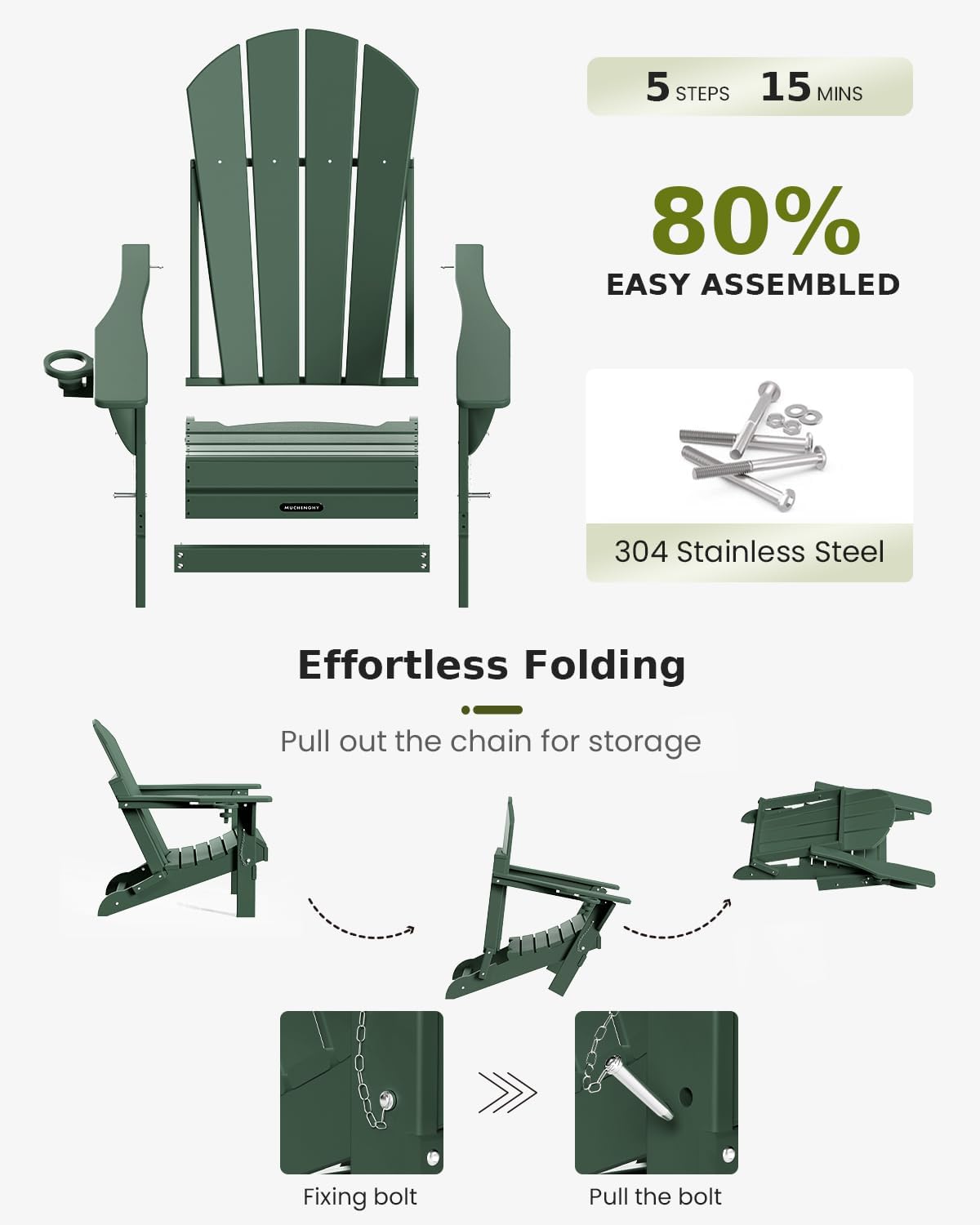 MUCHENGHY Folding Adirondack Chairs, Patio Chairs, Lawn Chairs, Outdoor Chairs, Adirondack Chair Plastic, Fire Pit Chairs, Weather Resistant with Cup Holder for Deck, Backyard, Garden(Green)