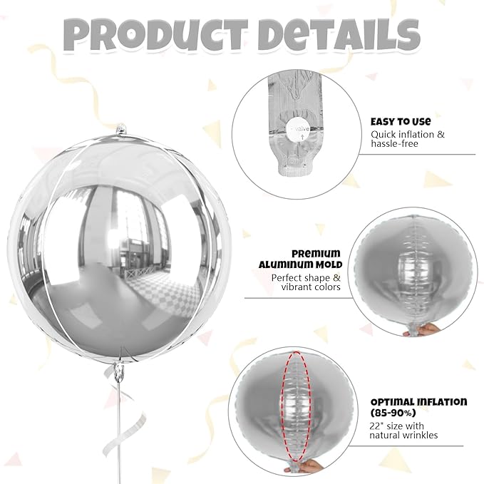 Giant 4D Foil Balloons, 6Pcs Large Metallic Silver Round Balloons, 22 Inch Big Round Foil Balloon for Silver Birthday Party Baby Shower Wedding Decorations
