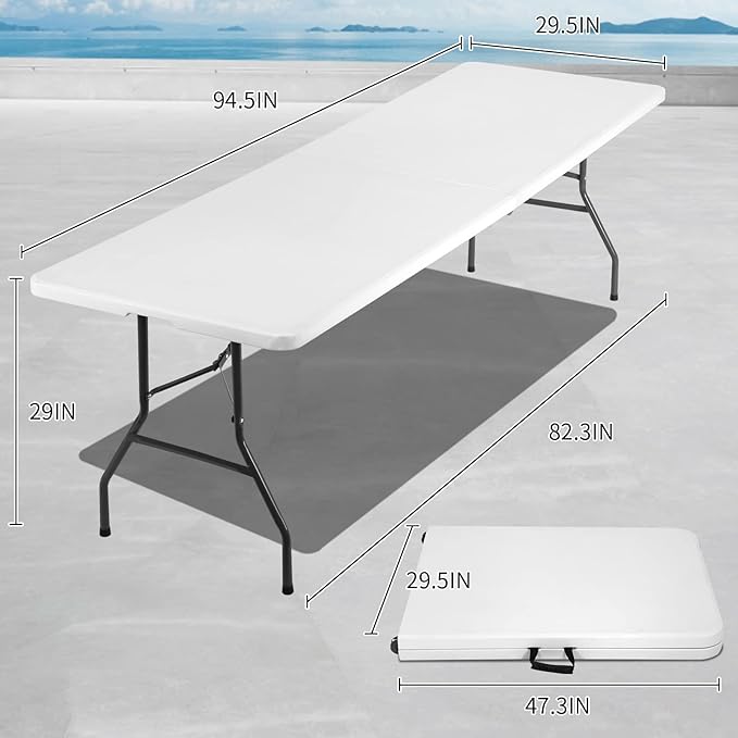 8FT Folding Table, Heavy Duty Foldable Table with Handle, Portable Fold-in-Half Utility Tables for Indoor & Outdoor Use Perfect for Camping BBQ Party Wedding Market Events, White