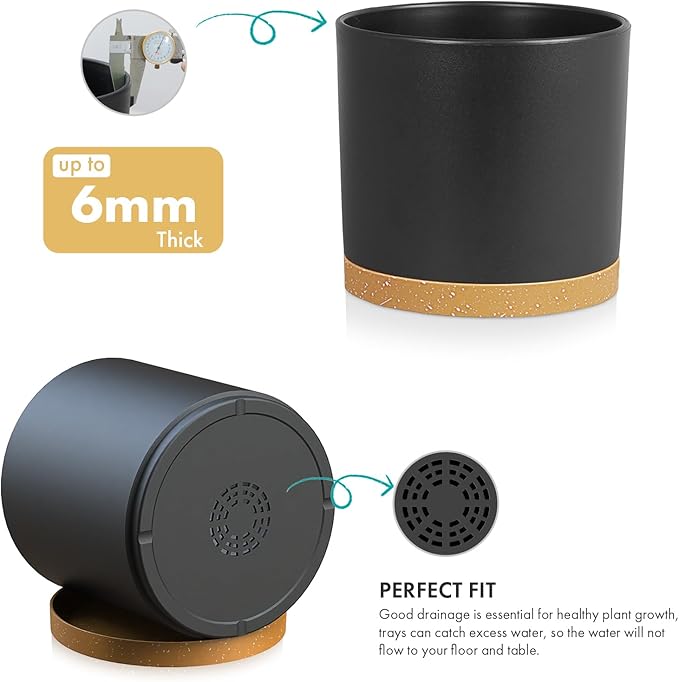 8 Inch Cylinder Plant Pots for Indoor Outdoor Plants, Medium Deep Flower Pots with Drainage Holes & Saucer, Decorative Plastic Planter Pots for Garden House Plants, Black with Brown