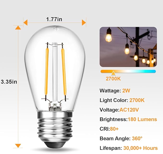 BRIMAX 25 Pack 2W S14 Replacement LED Bulbs,2700K Soft Warm White, Shatterproof Waterproof Outdoor String Light Bulbs Dimmable,E26 Medium Base,Plastic Edison Bulbs for Patio Garden