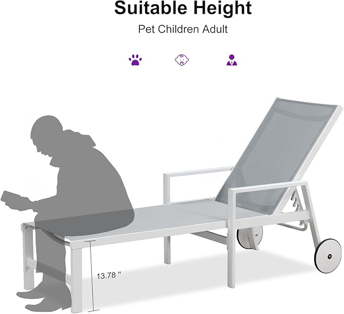 PURPLE LEAF Outdoor Lounge Chairs Set of 4 White Aluminum Chaise Lounge Chair Outdoor with Wheels and Armrest for Patio Deck Pool Side Table Include, Bluish-Gray